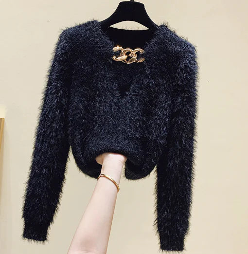 Black Short Knit Sweater with Chain Detail for Women