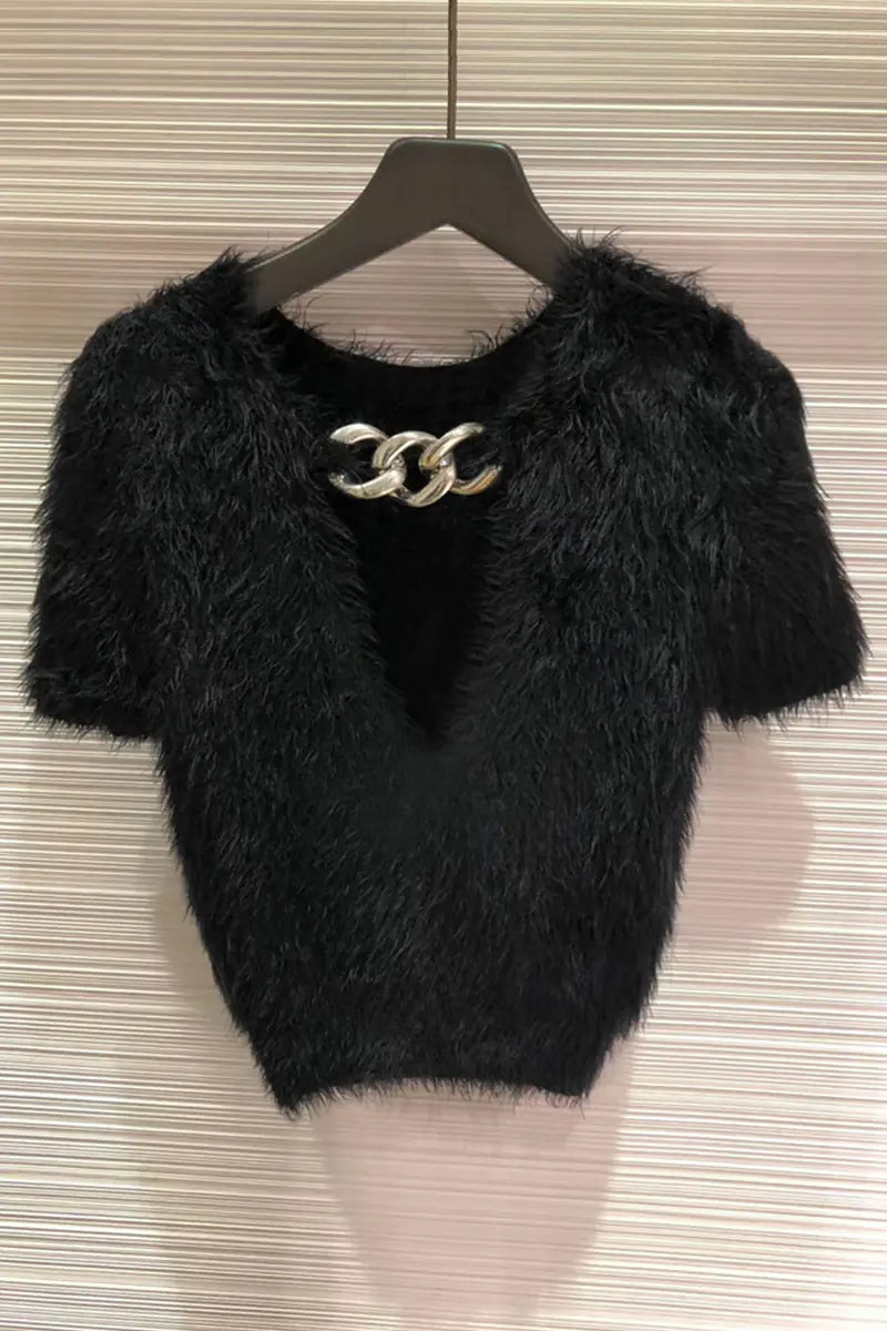 Black Short Knit Sweater with Chain Detail for Women