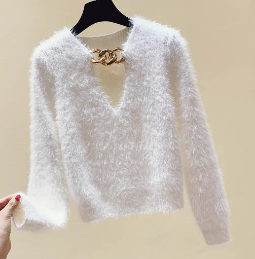 Black Short Knit Sweater with Chain Detail for Women